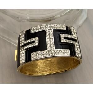 Vintage CINER Black Enamel/Rhinestone/Gold Plate Deco Clamper/Bangle/Bracelet